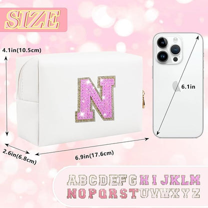 Personalized Initial Letter Makeup Bag, Small Glitter Letter Patch Cosmetic Pouch Zipper, Preppy Makeup Organizer PU Waterproof Travel Toiletry Bag, Monogrammed Birthday Gift for Women Girls