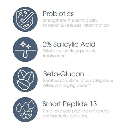 Glowbiotics Probiotic Clarifying Cleanser 5 oz – Gentle Foaming Face Wash with 2% Salicylic Acid & Peptides | Probiotic BHA Cleanser for Oily & Acne-Prone Skin