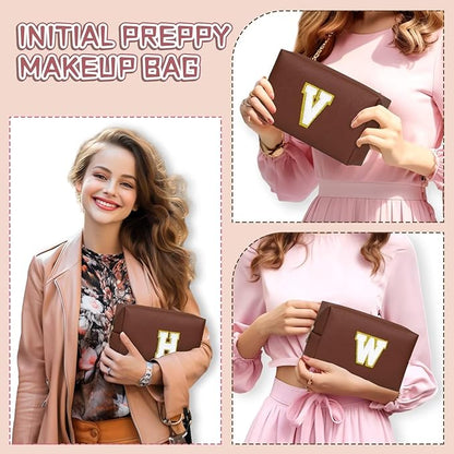 TOPEAST Birthday Gifts for Girls, Travel Makeup Bag Chenille Letter Pouch Cosmetic Bag, Makeup Travel Organizer, Monogrammed Bridesmaid Gifts for Women, Cute Stuff for Girls (Brown J)