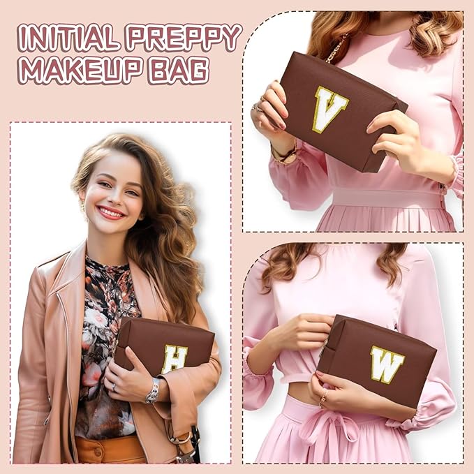TOPEAST Initial Cosmetic Bag for Women, Preppy Small Makeup Bag, PU Leather Waterproof Toiletry Bag, Monogrammed Birthday Gifts for Women, Stuff for girls (Brown S)