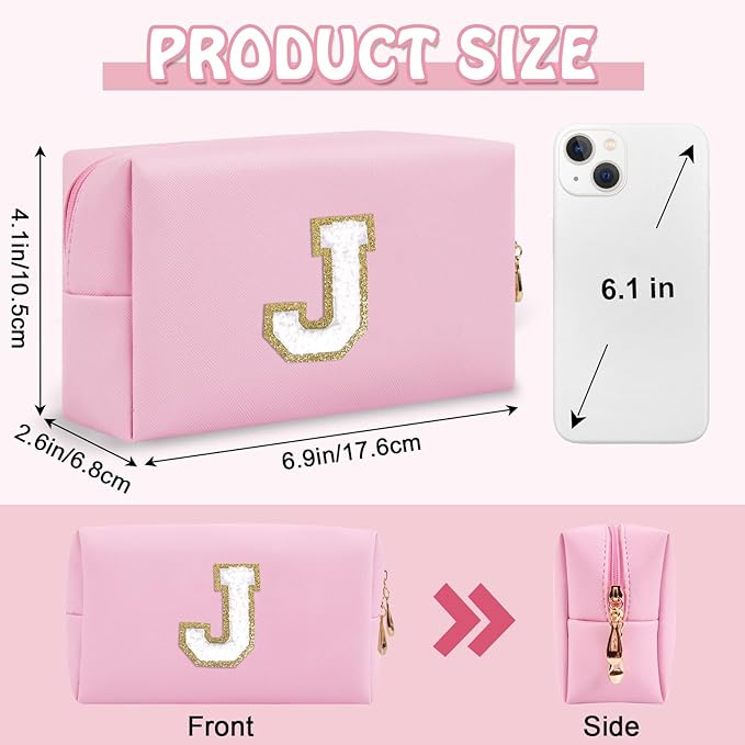 Personalized Preppy Small Travel Makeup Bag, Initial Chenille Letter Pink Makeup Bag Cosmetic Pouch Toiletry Organizer, PU Leather Waterproof Makeup Storage Cute Preppy Stuff for Female(Letter J)
