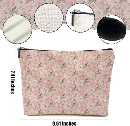 2pcs Pink Vintage Roses Floral Makeup Bag, Pink Coquette Roses Flower Cosmetic Bag Rose Gifts for Women Female Girls Sister BFF Nature Lover, Travel Zipper Pouch Christmas Thanksgiving Birthday Gifts