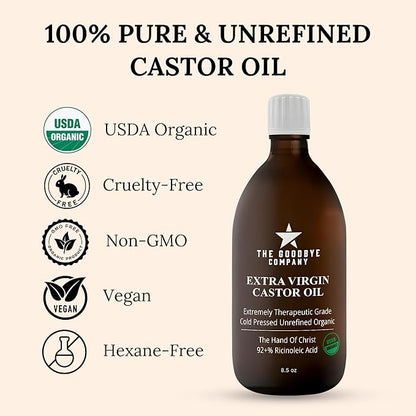 The Goodbye Company Organic Cold-Pressed Castor Oil - 8.5 oz Glass Bottle, Hexane-Free, Extra Virgin, Small Batch Family Farm Ethically Sourced for Hair Growth, Skin Care, Lashes, Brows & Castor Oil