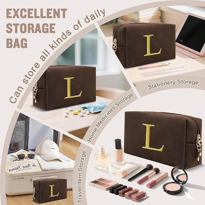 Personalized Initial Makeup Bag,Preppy Suede Cosmetic Bag for Teen Girls,Small Monogram Travel Toiletry Bag With Gold Embroidered Letter,Trendy Stuff Custom Christmas Gift for Women(Coffee-L)