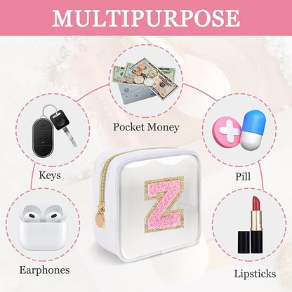 Iqimott Mini Clear Personalized Initial Makeup Bag, Small Preppy A-Z Chenille Letter Patch Cosmetic Pouch, Transparent PVC & Nylon Waterproof Zip Beach Toiletry Bag,Gift for Women Girls(White-Pink Z)