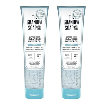 The Grandpa Soap Company Cotton Seed Cleansing Shower Oil - Hydrates Dry Seasonally-Stressed Skin, Nourishing and Moisturizing, With Cotton Seed Oil and Sweet Almond Oil, 9.5 Fl Oz., 2 Pack