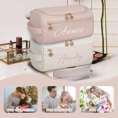 Personalized Makeup Bag for Women, Printed Initials Name Cosmetic Bag with Handle, Customized PU Leather Travel Toiletry Bag for Girls, Gifts for Bridesmaid, Daughter, Wife, Mothers Day