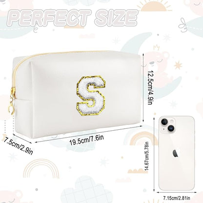 Gifts for Girls Initial Makeup Bag Personalized Cosmetic Bag with Zipper Cute Travel Toiletry Bags Waterproof PU Preppy Makeup Pouch Birthday Gift for Teen Girls Women(White S)
