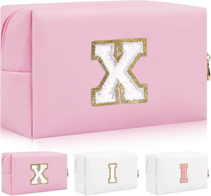 Personalized Initial Letter Patch Makeup Bag, Preppy Portable Chenille Cosmetic Bag with Zipper, PU Leather Waterproof Travel Toiletry Bag Monogram Make Up Pouch for Women Girls