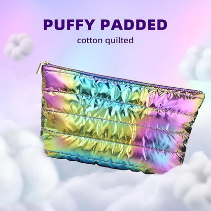 Hiroyuki Iridescent Quilted Makeup Bag, 3pcs Cute Makeup Bag Set, Large Capacity Cosmetic Organizer Travel Toiletry Pouch (plain, rainbow)
