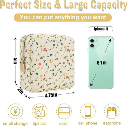 Nylon Mini Floral Makeup Bag for Purse, Small Cute Makeup Bag Preppy Cosmetic Zipper Pouch, Waterproof Travel Set Coin Pouch Sanitary Napkin Storage Bag Makeup Organizer for Women(Light Yellow-Flower)