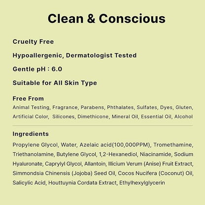 10% Azelaic Acid Serum with Niacinamide, Salicylic Acid, Allantoin, Rosacea Treatment for Face Redness Relief, Reduce Cystic Acne Scar, Pimples, Non-Comedogenic, Korean Skincare, 1Fl Oz
