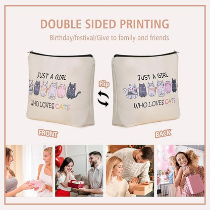 Cat Makeup Bag For Cat Lover Christmas Gift: Cute Cosmetic Bag & Toiletry Pouch Just A Girl Who Love Cats Themd For Mom, Daughters, Friends,Teen Girl & Women.Ideal Gifts For Travel, Birthdays.