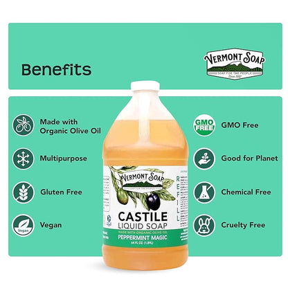 Vermont Castile Soap Peppermint, Gentle Liquid Soap for Sensitive Skin & Natural Body Wash, Organic Hair Shampoo for Oily Hair, Aloe Castile Soap for Men & Women - 64 Oz
