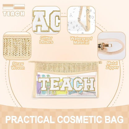 Teacher Appreciation Gifts Boho Straw Clear Makeup Bags, Zipper Cosmetic Bag Chenille Letter Patch Bag, Preppy Cute Beach Toiletry Pouch, Trendy Graduation Retirement Birthday Teacher Gifts for Women