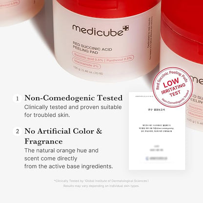 Medicube Red Succinic Acid Panthenol Facial Peeling Pads - Exfoliating Toner Pads for Breakout-Prone Skin with Niacinamide, AHA, BHA, and Soothing Panthenol - Non-Comedogenic