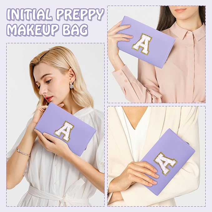 Personalized Initial Preppy Patch Makeup Bag, Small Cute Purple Cosmetic Zipper Pouch Makeup Organizer Travel Toiletry Organizer,Monogram Waterproof PU Chenille Letter Storage Bags for Women(Letter A)