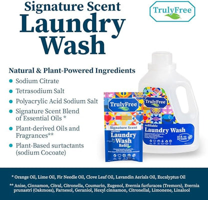 Truly Free Natural Laundry Detergent for Sensitive Skin | Eco Friendly, Plant Based, Baby Clothes Safe | Clean & Easy Powder to Liquid, 6 Pack Refill Detergent, NO Jug | Signature Scent, 300 Loads