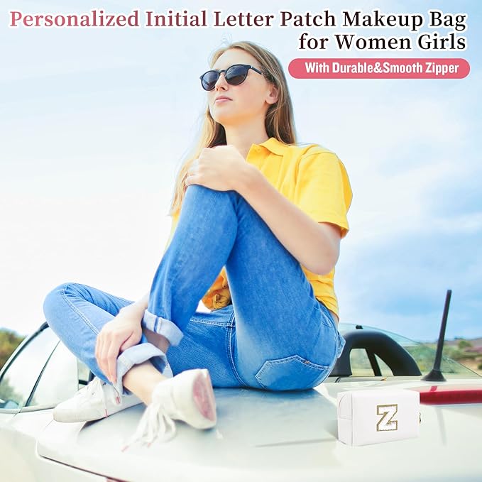 Personalized Initial Letter Patch Makeup Bag, Preppy Portable Chenille Letter Cosmetic Bag with Zipper, PU Leather Waterproof Travel Toiletry Bag Monogram Make Up Pouch for Women Girls(Letter Z)