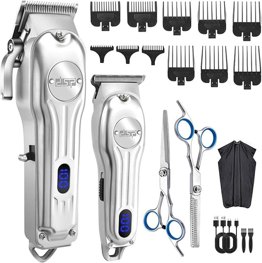 DSP Professional Hair Clipper for Men, Clipper and Trimmer Set - Electric Clipper for Hair Cutting, Cordless Barber Clipper Set with LED Display for Men Gift (Silver)