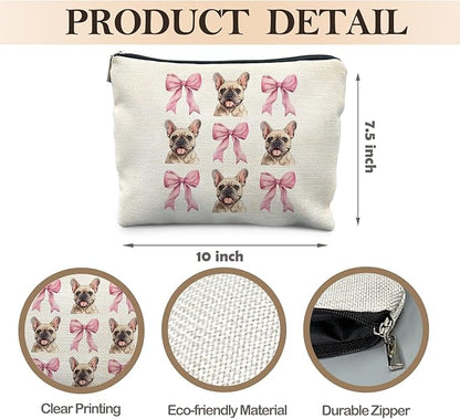 French Bulldog Makeup Bag, Coquette Pink Bow Frenchie Dog Cosmetic Bags for Women, French Bulldog Gifts Makeup Pouch, Frenchie Mom Gifts Zipper Pouch