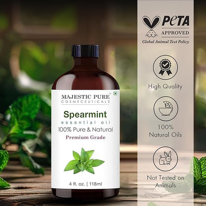 Majestic Pure Spearmint Essential Oil with Glass Dropper - Huge 4 Fl Oz - 100% Pure and Natural Spearmint Oil - Premium Grade Essential Oils for Diffuser, Aromatherapy, Soap and Candle Making