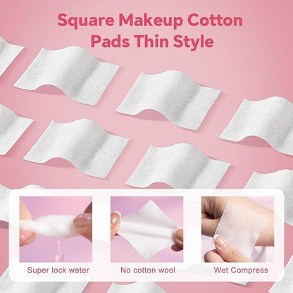 Square Makeup Cotton Pads, 200 Thick and 800 Ultra-Thin Soft, Lint-Free Pads for Makeup Removal, Toner Application and Daily Skincare