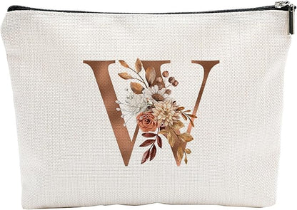 A-Z Boho Personalized Cosmetic Bag-Floral Cotton Letter Makeup Bag With Zipper-Artistic Cosmetic Bag For Travel-Bride,Birthday Gift For Women Daughter Friends-Women Makeup Organizer-A23
