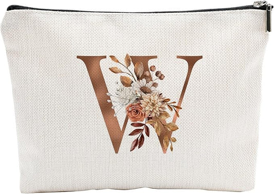 A-Z Boho Personalized Cosmetic Bag-Floral Cotton Letter Makeup Bag With Zipper-Artistic Cosmetic Bag For Travel-Bride,Birthday Gift For Women Daughter Friends-Women Makeup Organizer-A23