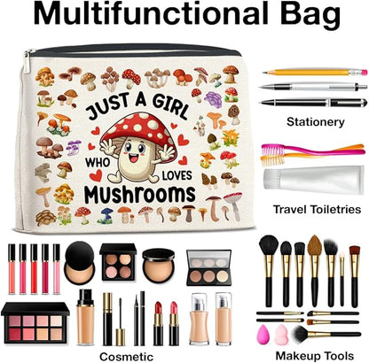 Mushroom Gifts Makeup Bag Mushroom Gifts for Women Teen Girls Sister Friend, Mushroom Lovers Gifts, Just a Girl Who Loves Mushrooms Zipper Makeup Pouch