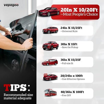 Vepagoo 5% VLT Ceramic Car Window Tint Film (20" x 25FT) - Heat & Glare Reduction, Blocks UV & IR Rays, Scratch Resistant, Privacy Car Window Tint Fit for Sedan SUV