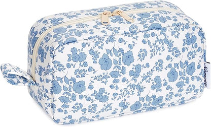 Narwey Cute Makeup Bag Small Toiletry Bag Travel Cosmetic Bag Organizer Make Up Bags with Organized Pockets for Women (Little Blue Flower, Large)