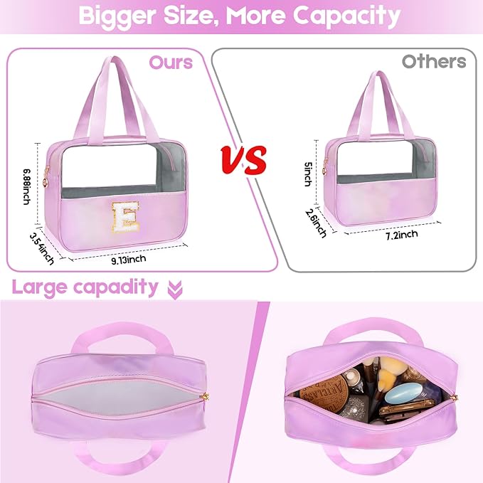 Personalized Initial M Clear Purple Makeup Bag - Large Travel Toiletry Bag, Cute Cosmetic Organizer Set for Girlfriend, Teacher, Teen Girl Gifts