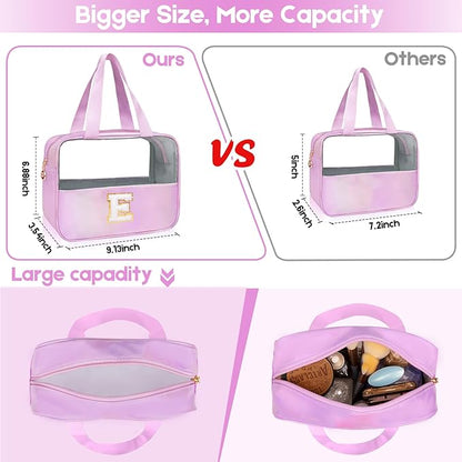 Personalized Initial Clear Makeup Bag Purple Cosmetic Bag Set Large Travel Toiletry Bag, Cute Clear Make Up Bags Organizer Bag for Girlfriend Teacher Gifts Teen Girl Gifts Trendy Stuff E (Purple)