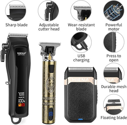 HIENA PRO Professional Cordless Hair Clippers for Men, T-Blade Beard Trimmer & Foil Shaver Set, Barber Clipper Hair Cutting Grooming Kit, Barber kit