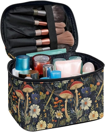JoyLamoria Portable Makeup Case Retro Mushroom Printed Cosmetics Tote Pouch Zipper Closure