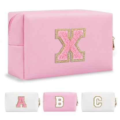 Personalized Initial A-Z Preppy Patch Makeup Bag,Small PU Leather Chenille Letter Cosmetic Bag with Zipper for Teen Girls,Pink Cute Travel Toiletry Bag,Birthday Monogrammed Gift for Daughter,Letter X