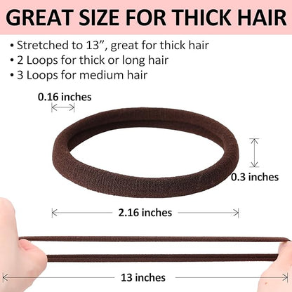 120Pcs Large Brown Nylon Hair Ties for Thick Curly Hair No Damage, Big Soft Cloth Hair Elastic Bands & Seamless Stretchy Fabric Ponytail Holders for Women Girls, Perfect for Updos & Braids