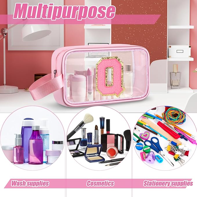 Initial Makeup Bag,Letter Q Cute Clear Monogrammed Cosmetic Travel Bag for Womens Girls,Personalized Pink Aesthetic Traveling Make Up Organizer Bag for Beach,Waterproof Toiletry Bag