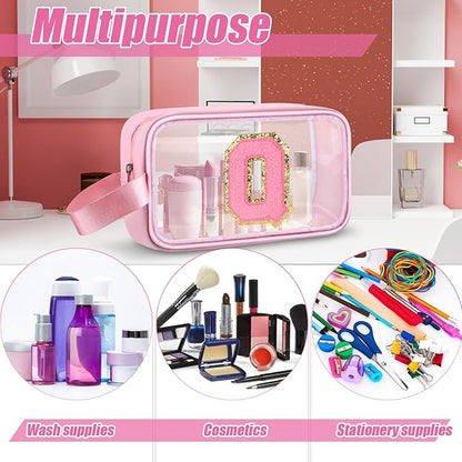 Initial Makeup Bag,Letter Q Cute Clear Monogrammed Cosmetic Travel Bag for Womens Girls,Personalized Pink Aesthetic Traveling Make Up Organizer Bag for Beach,Waterproof Toiletry Bag