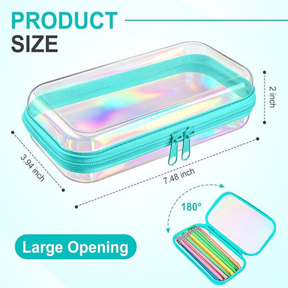 Hoolerry 4 Pcs Hard Clear Zipper Case Makeup Bags Plastic Pencil Pouch Transparent Storage Box Containers for Cosmetics, Snacks, Building Blocks, Puzzles(Blue Laser,7.5 x 3.9 x 2 in)