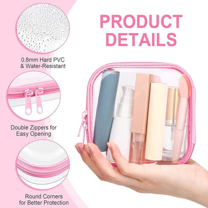 Sanwuta 6 Pcs Clear Hard Zipper Case Hard Plastic Zipper Pouches Makeup Bag Pencil Pouches Transparent Cases for Snacks Plastic Storage Organizer Box for Travel(Pink,5 x 5 x 2 Inch)