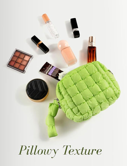 Yarnic Quilted Makeup Bag Quilt Cosmetic Bag, Puffy Travel Toiletry Bag for Women, Cute Makeup Bag Organizer Puffer Soft Makeup Pouch (Apple Green, S)