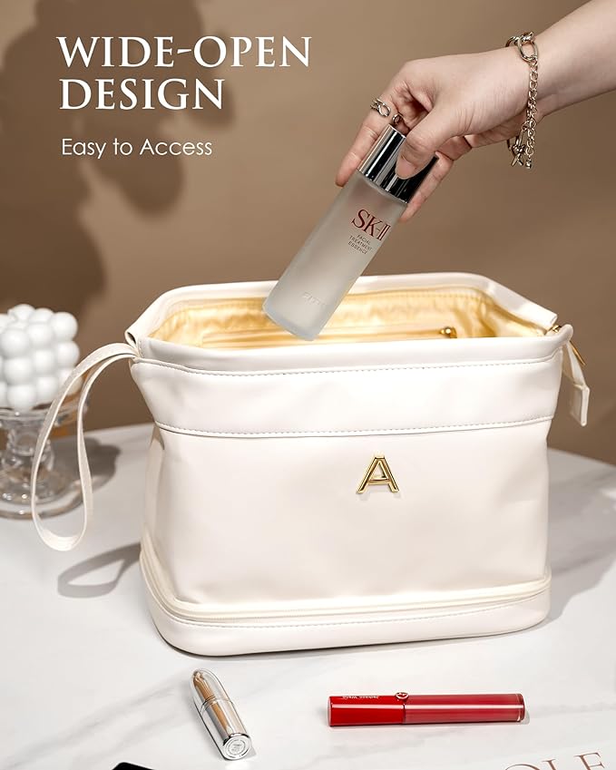 Birthday Gifts for Women, Initial Makeup Bags for Teens Girls, Double Layer Cosmetic Bag with Makeup Brush Organizer, Travel Toiletry Bag, Maid of Honor Gifts-Travel Gift For Female