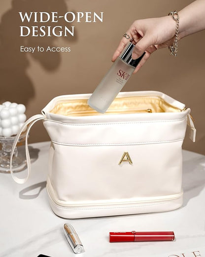 Personalized Gifts, Initial Makeup Bag, Personalized Double Layer Cosmetic Bag with Makeup Brush Organizer, Large Capacity PU Leather Travel Toiletry Bag Bride Gifts, Bridal Party Gifts