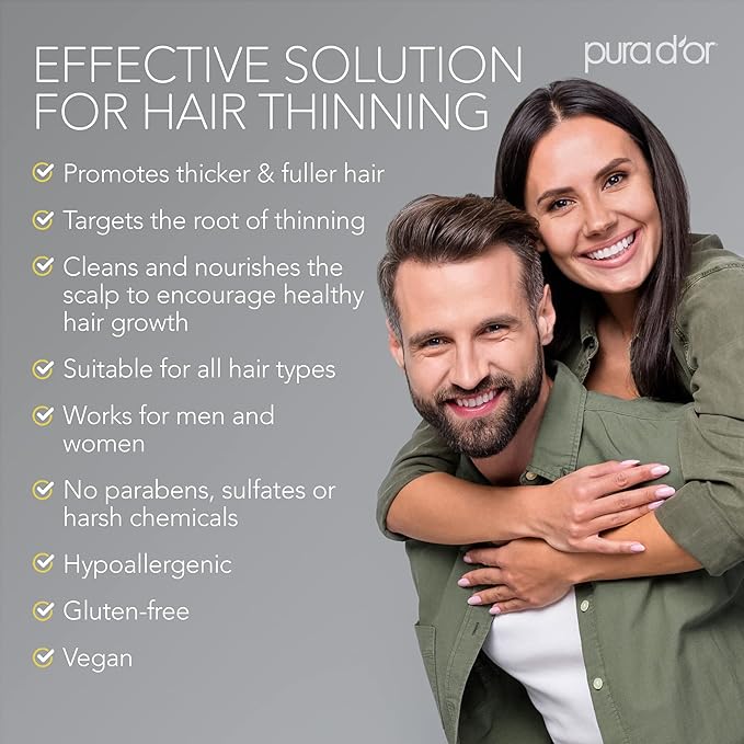 PURA D'OR Original Gold Label Anti-Thinning Shampoo Clinically Tested, Infused with Argan Oil, Biotin & Natural Ingredients, Sulfate Free, All Hair Types, Men and Women, 16 Fl Oz (Packaging may vary)