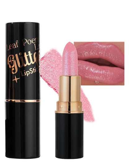 Metallic Glitter Lipstick Matte Long Lasting Nude Pink Lip Gloss for Women,Shimmer Diamond Sparkling Shiny Lip Stick Waterproof Lipgloss Lipstick,High Pigmented Tinted Red Lipstain Lipcolor Makeup-01