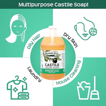 Vermont Castile Soap Peppermint, Gentle Liquid Soap for Sensitive Skin & Natural Body Wash, Organic Hair Shampoo for Oily Hair, Aloe Castile Soap for Men & Women - 64 Oz