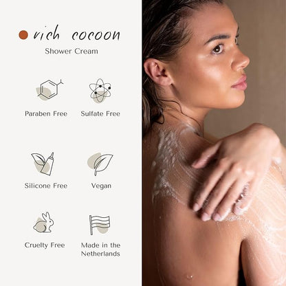 Rich Cocoon Shower Cream | Dutch Made & Formulated Moisturizing Body Wash for All Skin Types | Cozy Scent of Warm Wood, White Amber & Jasmine 200 ML