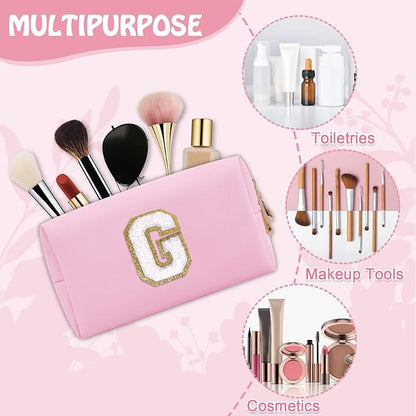 Personalized Initial Preppy Makeup Bag Organizer, Small Travel Cute Pink Cosmetic Bag Toiletry Zipper Pouch, Waterproof PU Leather Monogram Makeup Case Graduation Gift for Teacher Friends(Letter G)